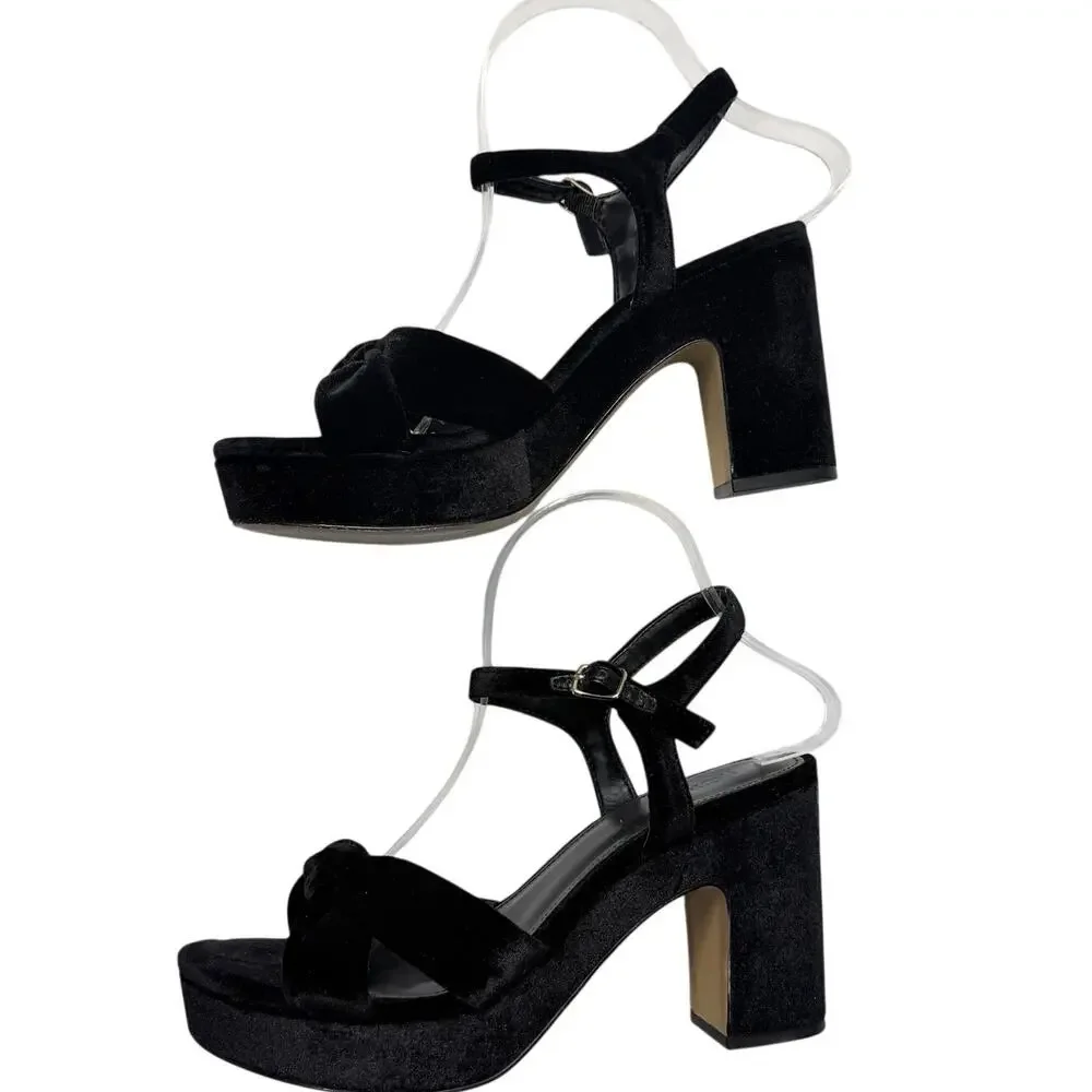 J.Crew Black Velvet Platform Heels Women’s 8 Block Heel Ankle Strap Sandals